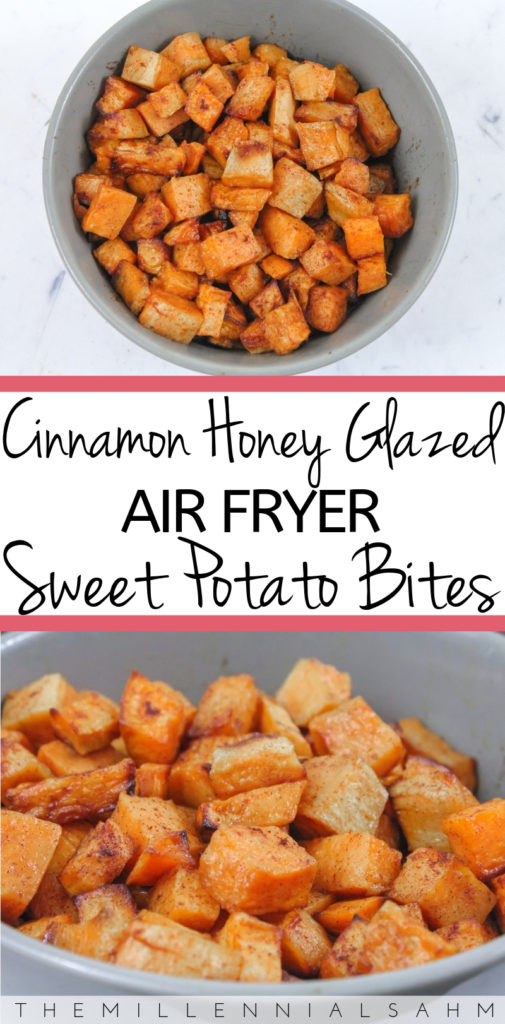 These Cinnamon Honey Glazed AIr Fryer Sweet Potato Bites are a super quick, easy side that goes with any meal! Toddlers love them too! Roasted Sweet Potatoes, Sweet Potato Fries, Sweet Potato Recipes, Baked Sweet Potatoes