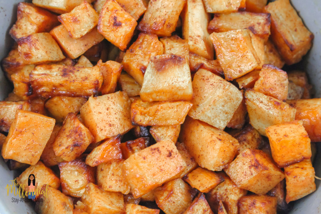 These Cinnamon Honey Glazed AIr Fryer Sweet Potato Bites are a super quick, easy side that goes with any meal! Toddlers love them too!