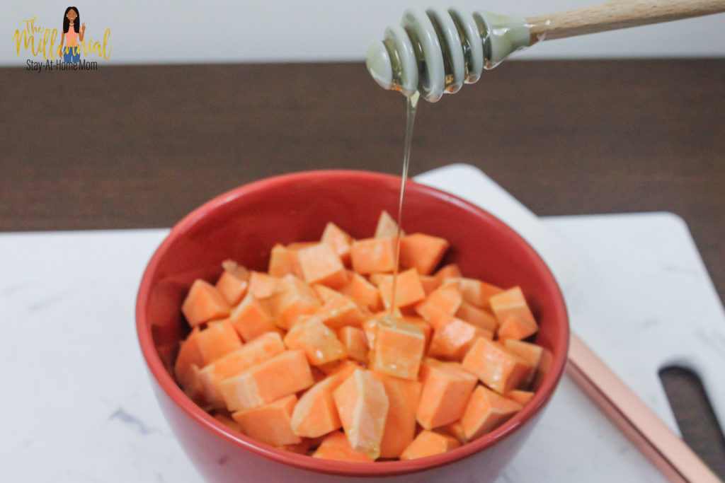 These Cinnamon Honey Glazed AIr Fryer Sweet Potato Bites are a super quick, easy side that goes with any meal! Toddlers love them too!