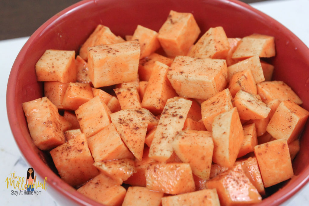 These Cinnamon Honey Glazed AIr Fryer Sweet Potato Bites are a super quick, easy side that goes with any meal! Toddlers love them too!