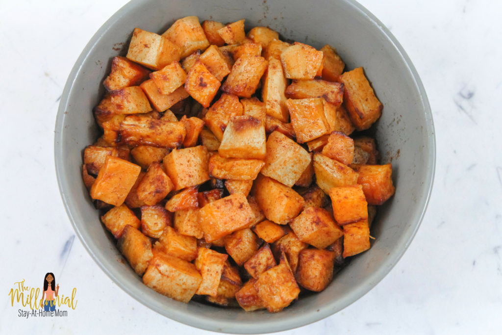 These Cinnamon Honey Glazed AIr Fryer Sweet Potato Bites are a super quick, easy side that goes with any meal! Toddlers love them too!