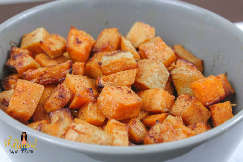 These Cinnamon Honey Glazed AIr Fryer Sweet Potato Bites are a super quick, easy side that goes with any meal! Toddlers love them too!