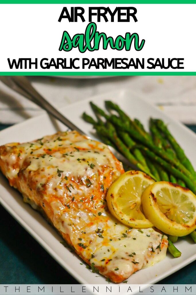 This delicious air fryer salmon is topped with a rich garlic parmesan sauce making it the perfect quick and easy dinner-time option.