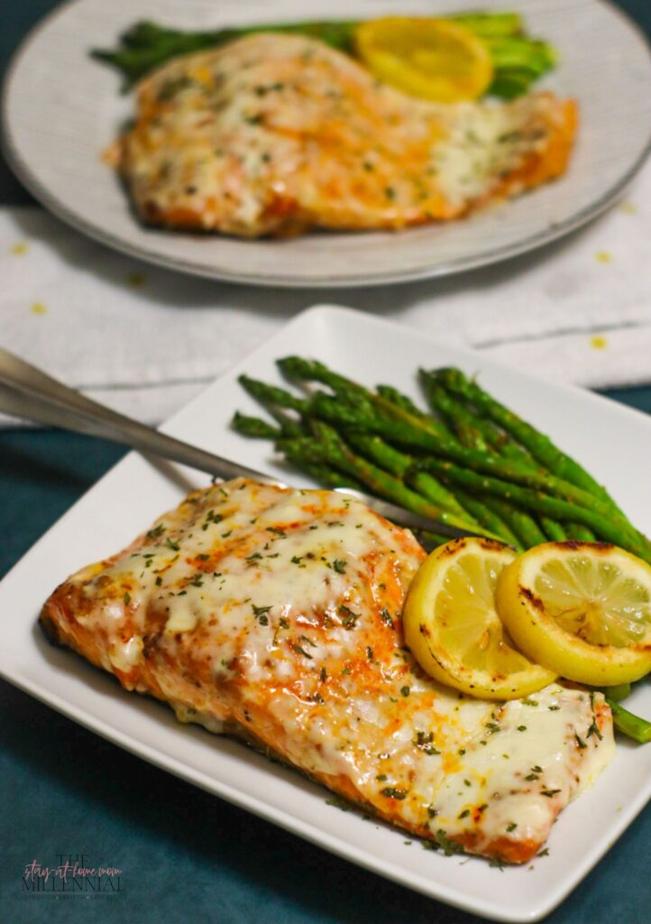 This delicious air fryer salmon is topped with a rich garlic parmesan sauce making it the perfect quick and easy dinner-time option.