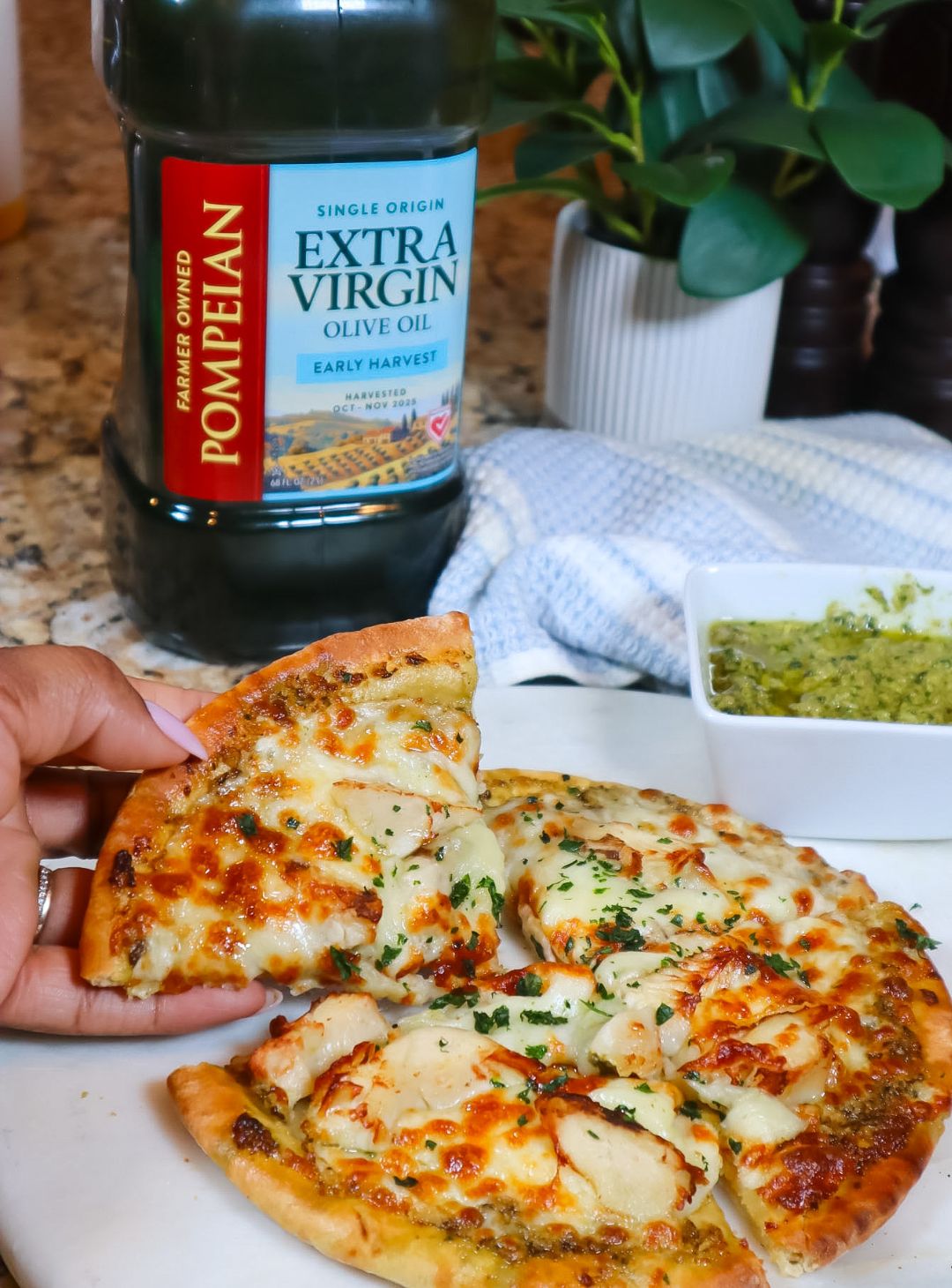 Pesto Chicken Pita Pizza with Homemade Pesto